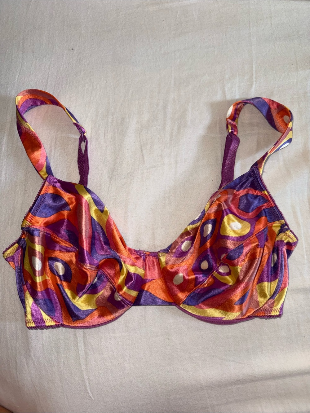 Vintage Victoria's Secret purple, abstract swirls pointy bra in a 34C